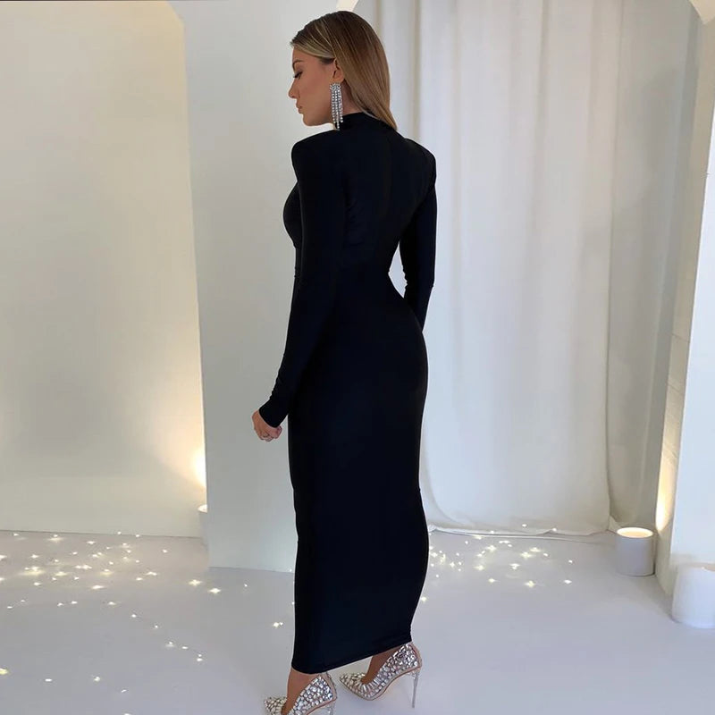 Robe Maxi à Col Roulé pour Femme, Manches sulf, Couleur Unie, avec Coussinets Initiés, Streetwear Élégant, Slim, Mode Nouvel An 2024