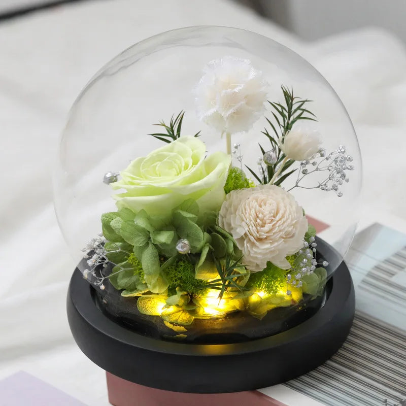 Rose éternelle avec lumière LED pour décoration de mariage, aide à la fleur dans un couvercle en verre, cadeaux de fête des mères, fête d'anniversaire, Saint Valentin