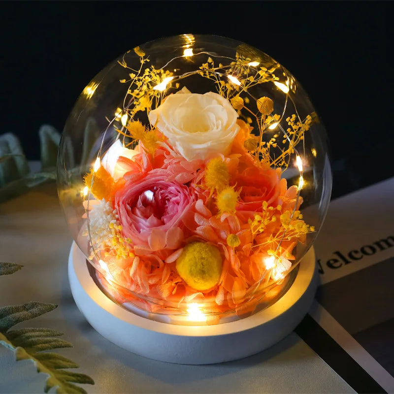 Rose éternelle avec lumière LED pour décoration de mariage, aide à la fleur dans un couvercle en verre, cadeaux de fête des mères, fête d'anniversaire, Saint Valentin