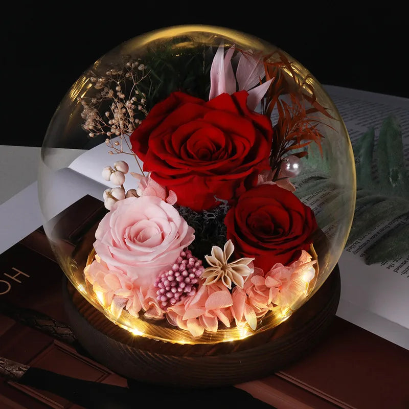 Rose éternelle avec lumière LED pour décoration de mariage, aide à la fleur dans un couvercle en verre, cadeaux de fête des mères, fête d'anniversaire, Saint Valentin