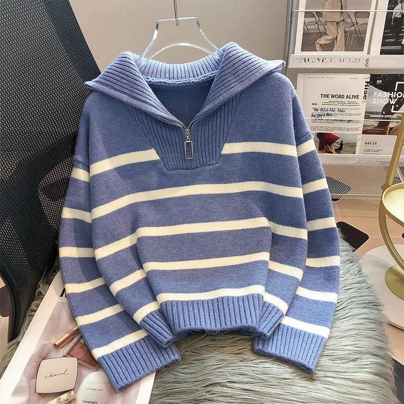 Pull à Rayures avec Fermeture Éclair pour Femme,