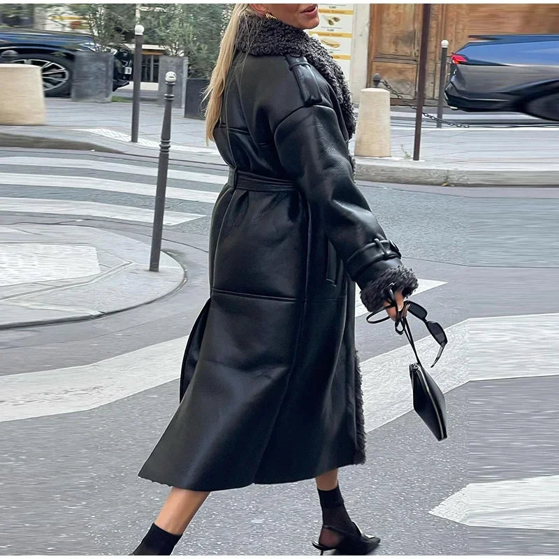 Pardessus en cuir avec ceinture et revers pour femme, manches longues, poche, long combiné, streetwear vintage, doublure sourire, rue, hiver, nouveau, 2024