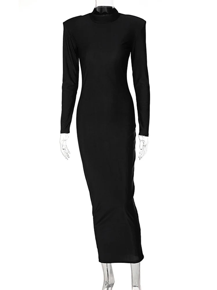 Robe Maxi à Col Roulé pour Femme, Manches sulf, Couleur Unie, avec Coussinets Initiés, Streetwear Élégant, Slim, Mode Nouvel An 2024