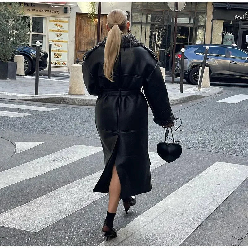 Pardessus en cuir avec ceinture et revers pour femme, manches longues, poche, long combiné, streetwear vintage, doublure sourire, rue, hiver, nouveau, 2024